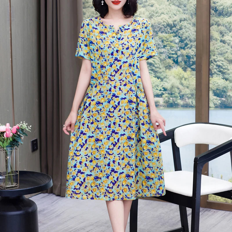 New Hot Fashion 2025 Casual Print Women Summer Dresses For Women Clothing Cotton Vintage Dress Plus Size