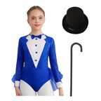 Kids Girls Majorette Leotards Showman Jazz Dance Costume Magician Outfit Tuxedos Bodysuit with Hat And Crutch Sequins Leotard