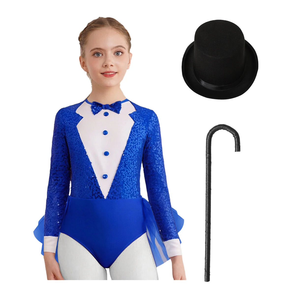 Kids Girls Majorette Leotards Showman Jazz Dance Costume Magician Outfit Tuxedos Bodysuit with Hat And Crutch Sequins Leotard