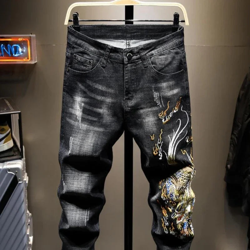 Jean imprimé homme 90s – Coupe ample streetwear noir ou bleu