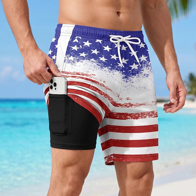 3D Print 2 in 1 Mens Swim Trunks Summer Quick Dry Beach Shorts with Phone Pocket Swimwear Swimsuit Bathing Suit  Board Shorts