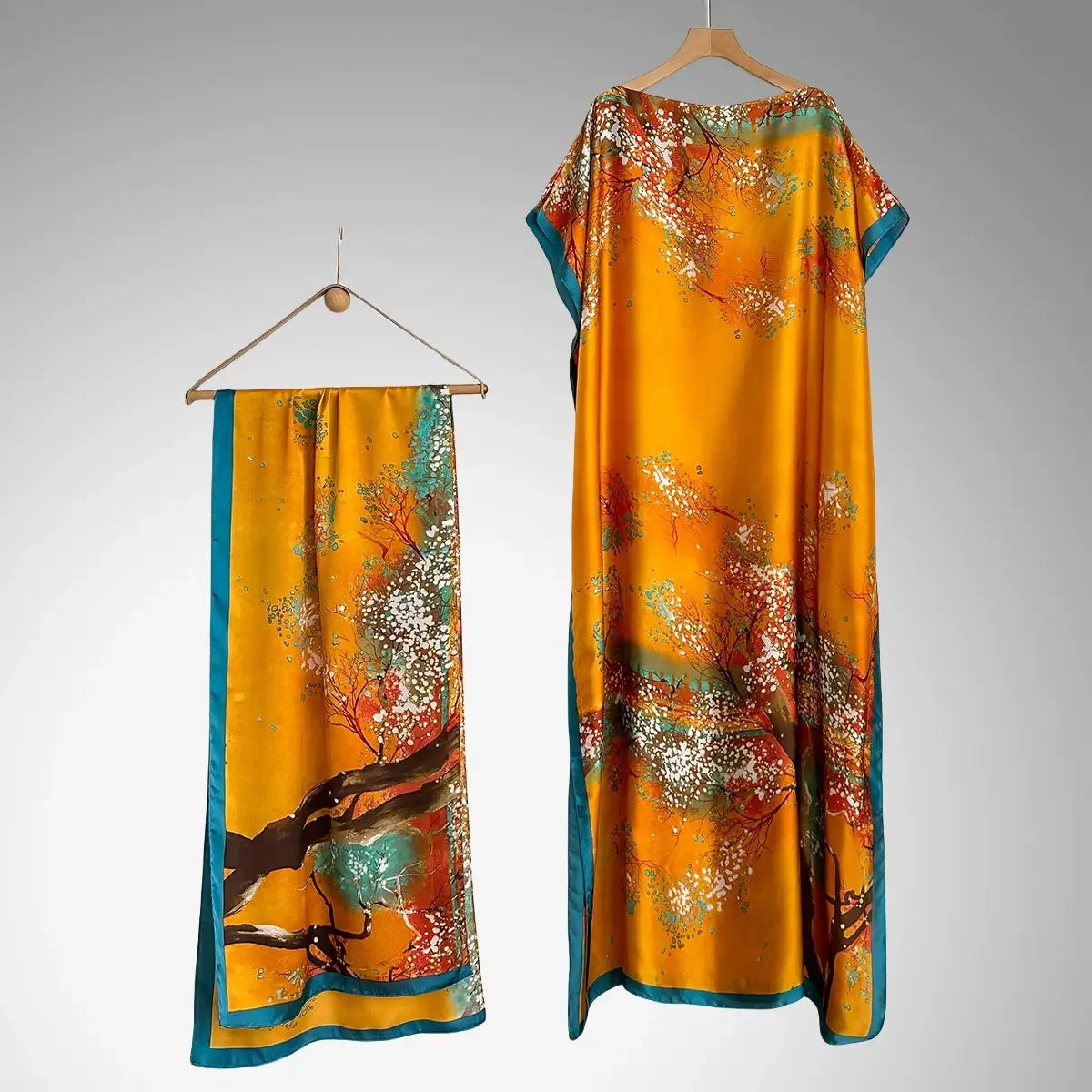 1 Set (Robe + Headscarf) Luxurious Women's Kaftan Robe - Vibrant Yellow Floral Print, Loose Batwing Sleeves, Elegant Long Gown, Suitable for Evening Parties, Beach Vacations, and Everyday Casual Wear