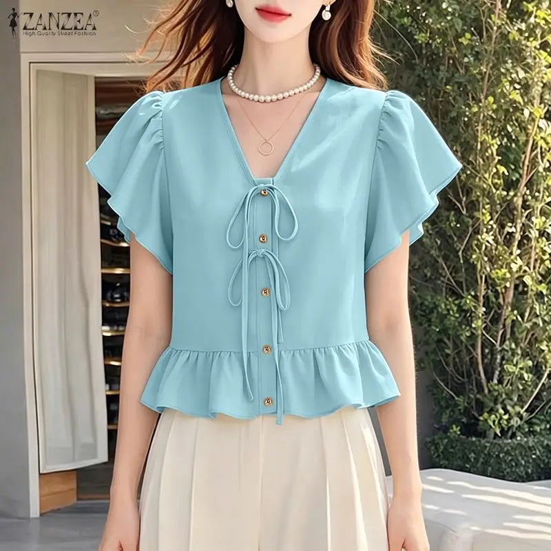 ZANZEA Summer Women Tops 2026 Elegant V Neck Short Sleeve Work Shirt Femme Casual Lace -Up Blusas Stylish Ruffled Holiday Blouse