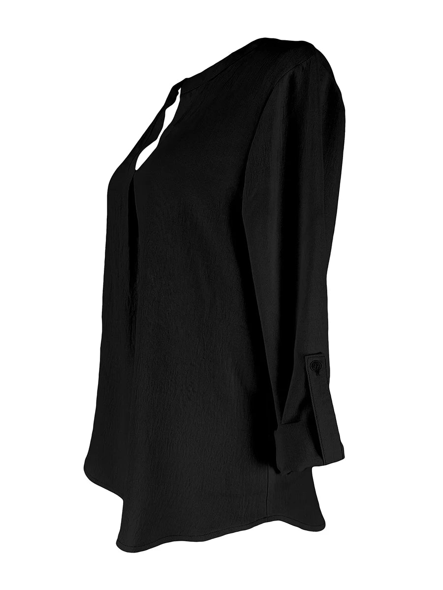 Women Elegant V-Neck Blouse Long Sleeve Roll Up Tops Casual Solid Color Loose Office Work Shirt Female Tunic Clothes