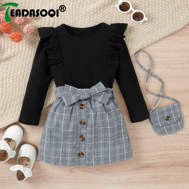 4-7Y Children Girls Clothing Outfit Solid Color Long Sleeve Ruffle Tops+Plaid Skirt With Belt+Bag Kids Girl Costume 3Pcs Set