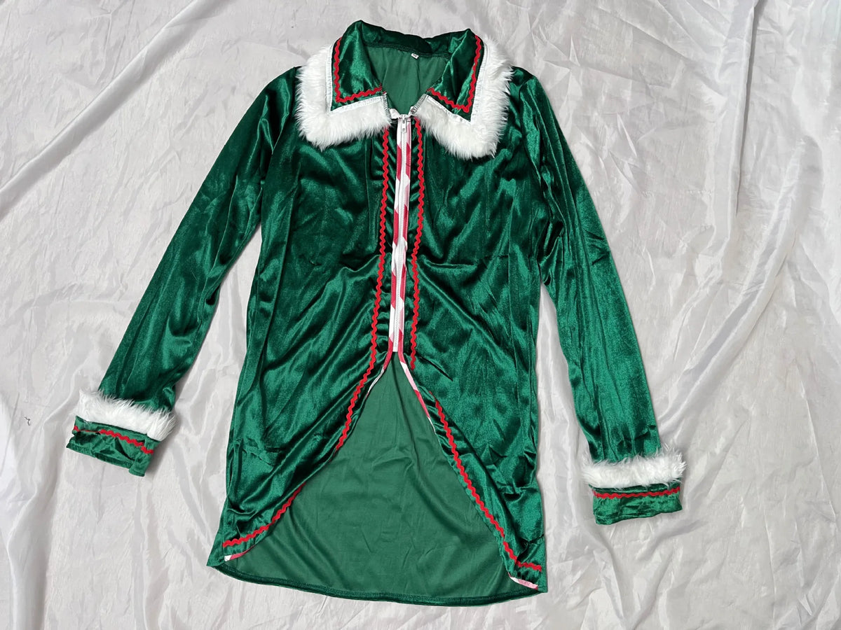Christmas Elf Costume for Adults Men Women Couple Green Velvet Dress Suit Belt Hat Striped Stockings Xmas Party Cosplaywear