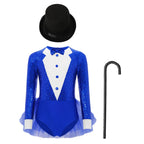 Kids Girls Majorette Leotards Showman Jazz Dance Costume Magician Outfit Tuxedos Bodysuit with Hat And Crutch Sequins Leotard