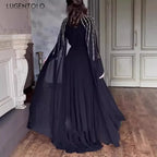 Women Robe Dress Hot Drills Long Shawl Sleeves Chiffon Party Middle