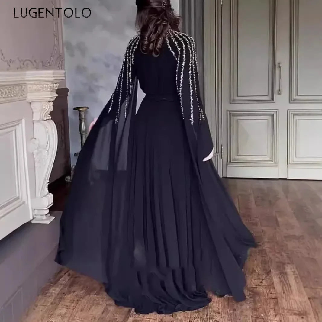 Women Robe Dress Hot Drills Long Shawl Sleeves Chiffon Party Middle East Big Swing Lady Elegant Banquet New Maxi Clothing