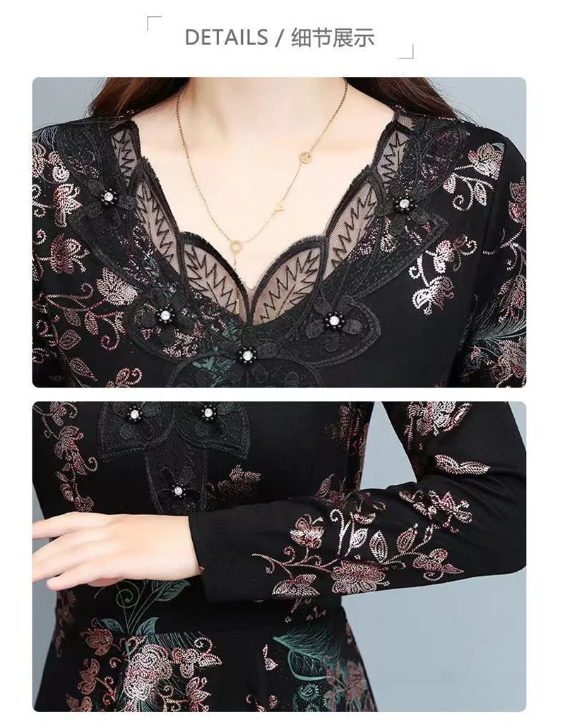 Spring Autumn New Women Dress Elegant Temperament Long A-Line Dress High End Fashion Lace Printed Beading Dresses Vestidos Mujer