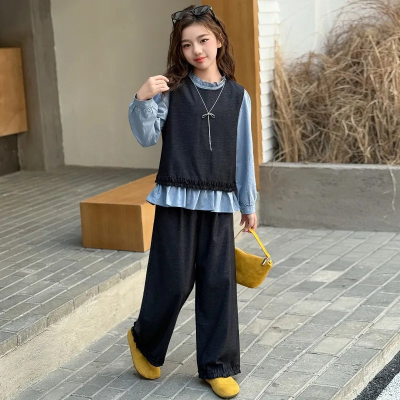 Back To School Clothing for Girls Outfits Set Toddler Kids Vest +Blue Shirt + Pants 3pcs Teens Kids Costumes Spring Autumn 2025