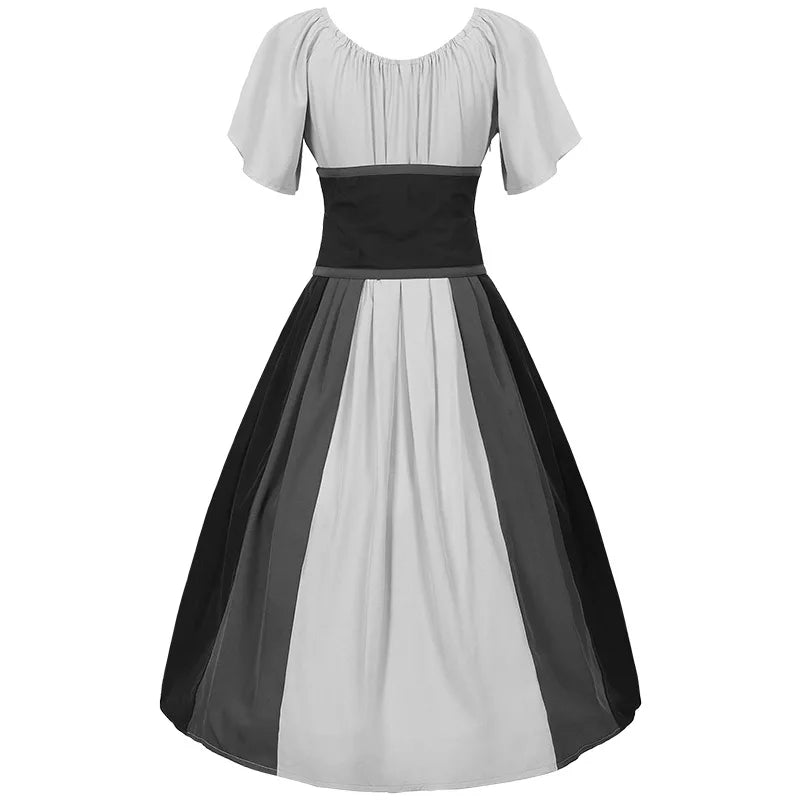 Costumes Halloween pour femmes,robe trapèze rétro médiévale,couleur contrastée,robe à épaules en un mot