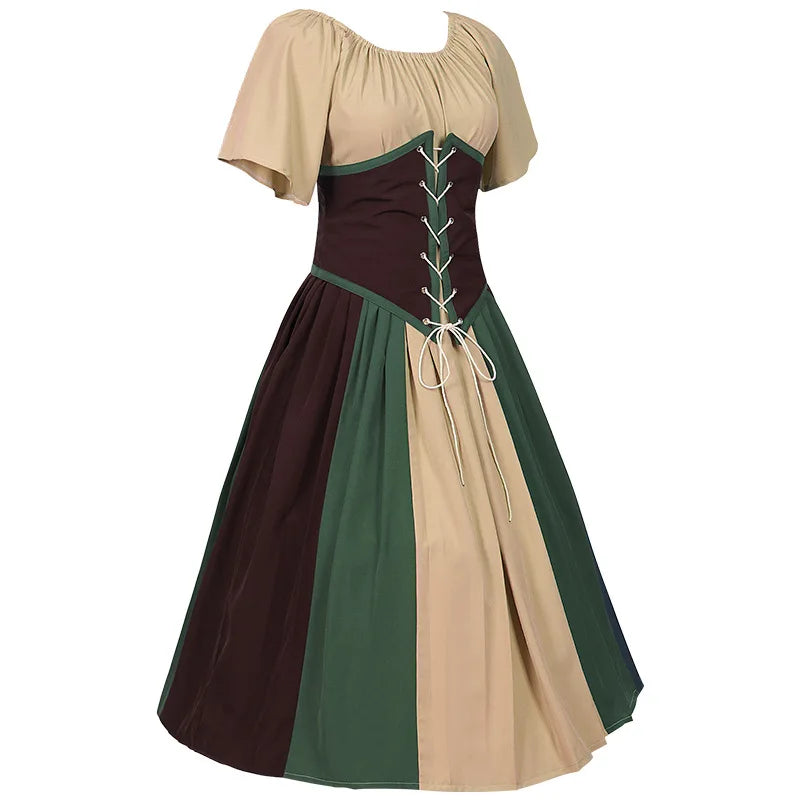 Costumes Halloween pour femmes,robe trapèze rétro médiévale,couleur contrastée,robe à épaules en un mot