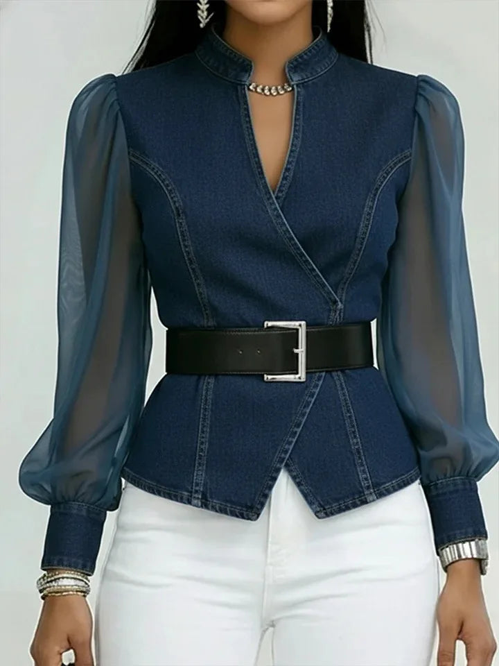 2026 New Women's Denim Express Summer and Autumn New V-Neck Lace Long Sleeve Top
