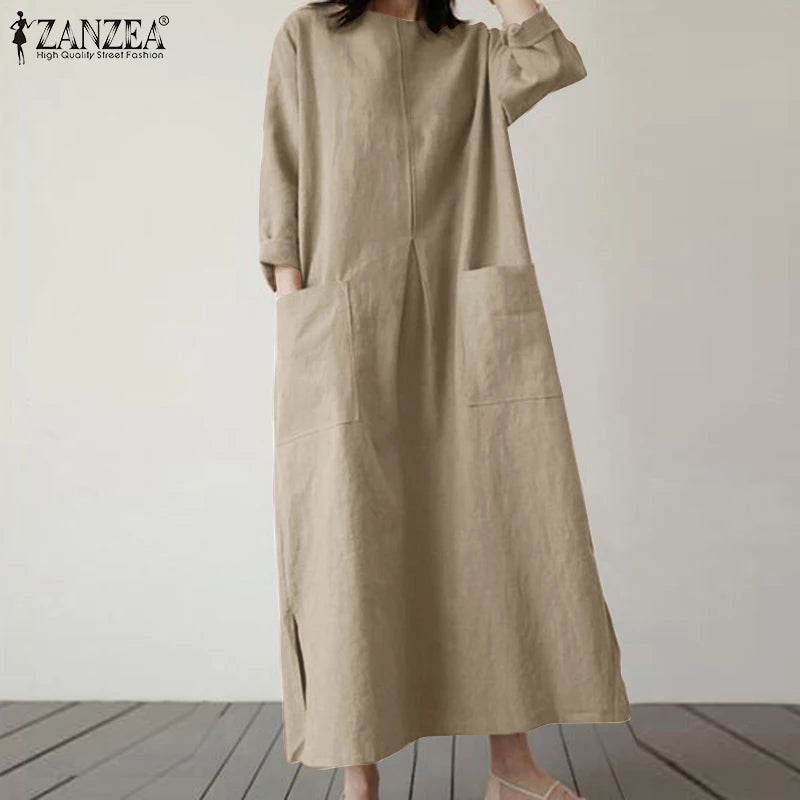 2024 ZANZEA Fashion Summer Vintage Women Solid 3/4 Sleeve Sundress Baggy Loose Casual Dress Oversize Vestidos Kaftan Robe Femme