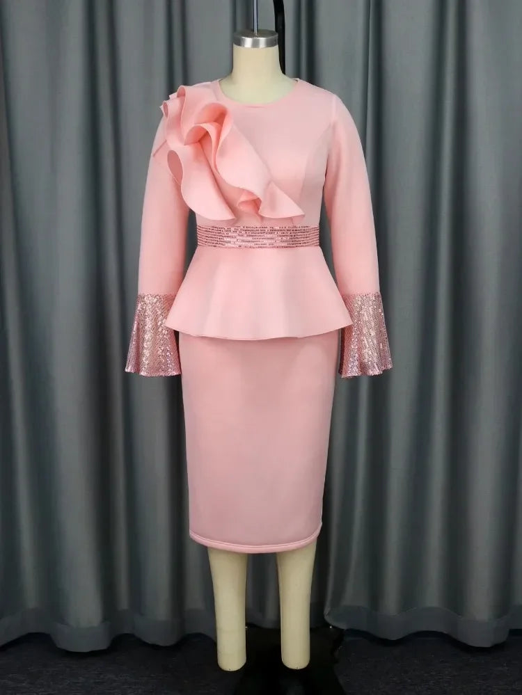Robe femme à volants – Coupe fourreau et manches longues