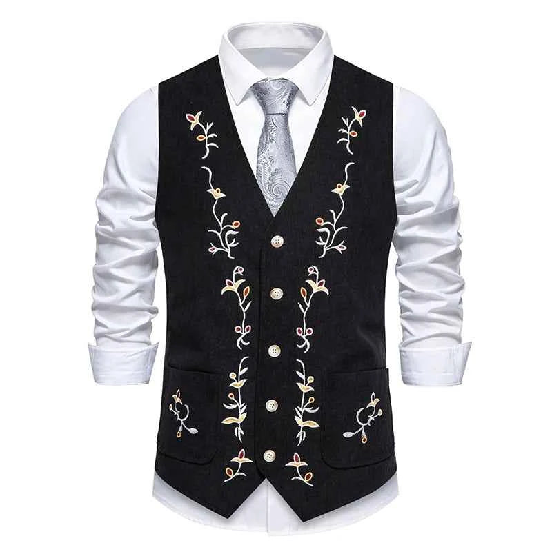 Western Corduroy Vest for Men Gothic Waistcoat Floral Embroidery Chaleco Vintage Hombre Steampunk Victorian Dress Men Suit Vest