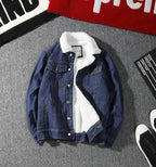 Men's Denim Jacket Autumn Winter Thickened Fleece Collar Cotton Jacket Loose Fit Warm Korean Style Lamb Velvet Lined Coat