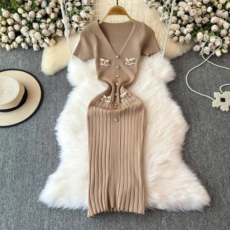 Elegant Knitted Long Dress Women Summer V Neck Single Breatsed Short Sleelve Bodycon Dresses Fashion Party Office Lady Vestidos