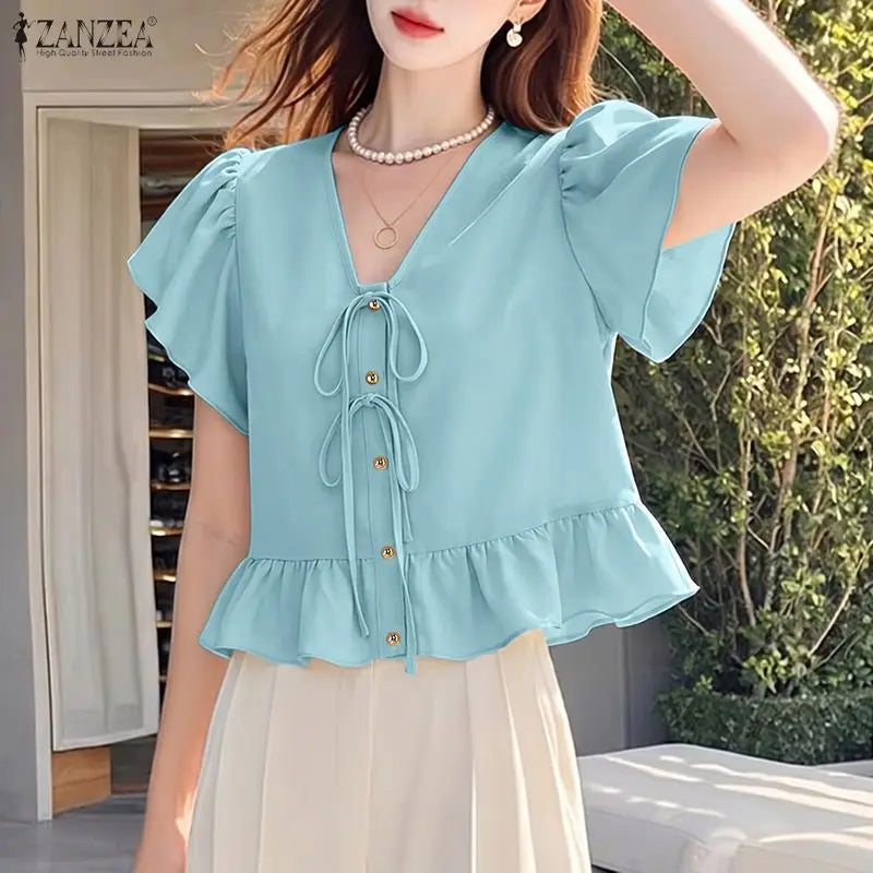 ZANZEA Summer Women Tops 2026 Elegant V Neck Short Sleeve Work Shirt Femme Casual Lace -Up Blusas Stylish Ruffled Holiday Blouse