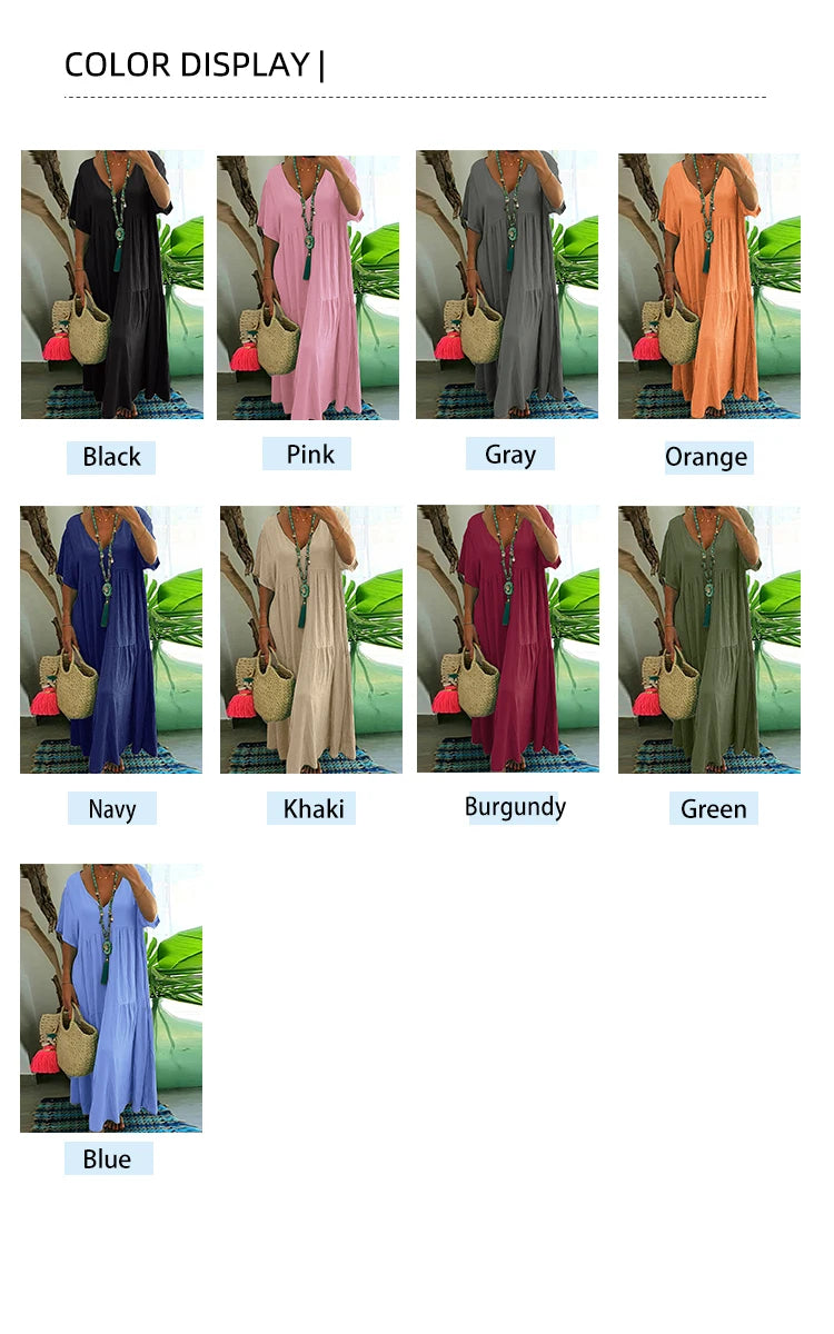 plus Size Women's Casual Loose V-Neck Solid Long Dress Spring Summer Pleated Big Size Women's Dress