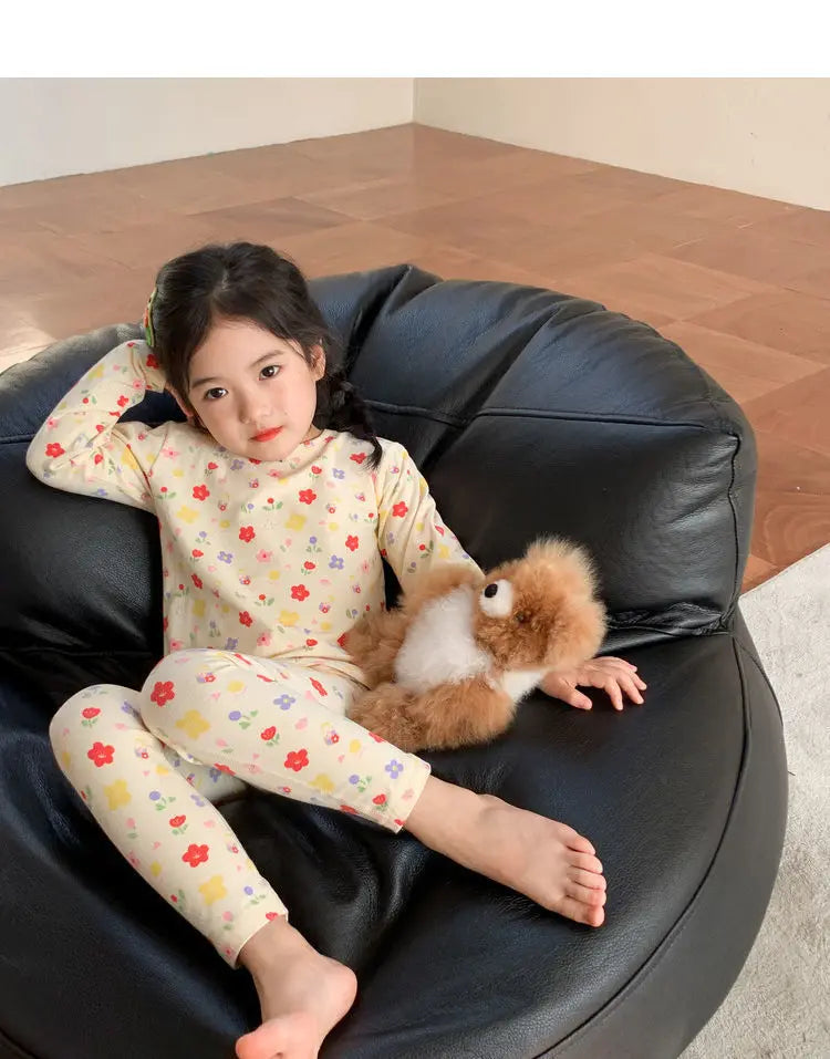 2026 Children's Sets Kids Velvet Pajamas Set Floral Long Sleeve Thermal Loungewear for Baby Girls & Boys Home Wear Clothes