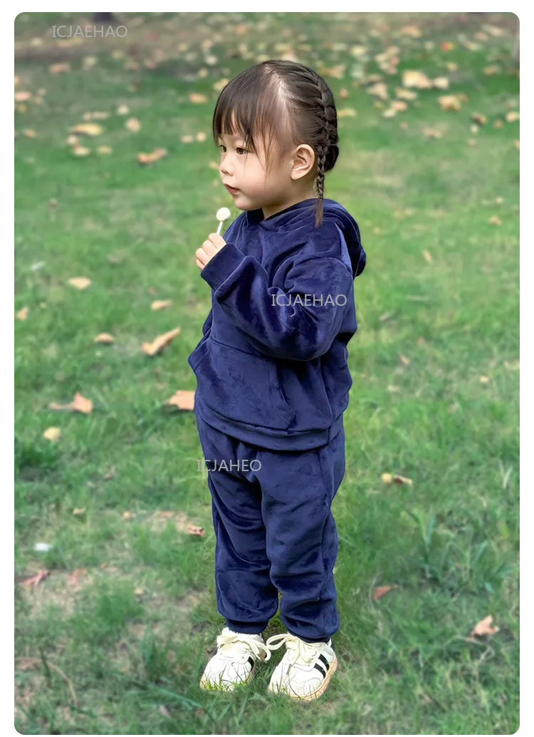 Boys Girls Velvet Warm Long Sleeve Hooded Outfit Set Children Clothing Casual Tracksuit Outdoor Wear Autumn Winter Kids Clothes
