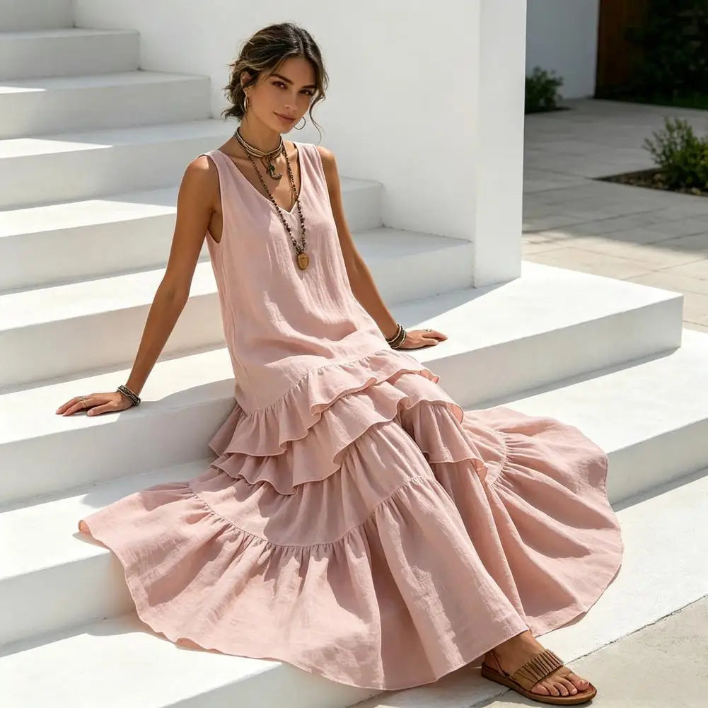 Plus Size Summer Dress Spring Solid Color Women's Loose V-neck Large Skirt Sleeveless Ruffle Edge Travel Dresses Sundress