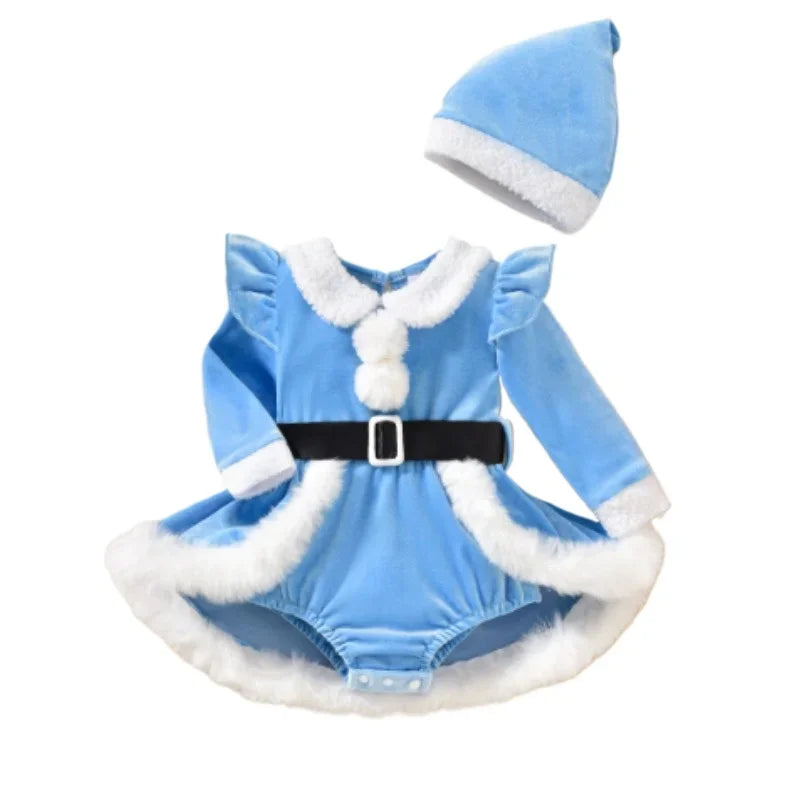 Baby Girl's Christmas Velvet Dress with PP shorts & Hat Set ,Pom pom Trim baby girl clothes,크리스마스 아기의상 ,vestido bebê menina luxo