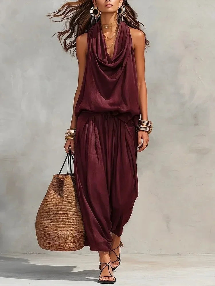 Women 2 Piece Outfit Pleated Collar Sleeveless Vest & Casual Pants Set Elegant High End Commuter Matching Suit European Style
