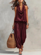 Women 2 Piece Outfit Pleated Collar Sleeveless Vest & Casual Pants Set Elegant High End Commuter Matching Suit European Style