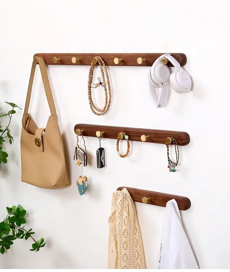 Patère Murale Bois Noyer et Laiton – Entrée Manteaux Clés Décoration
