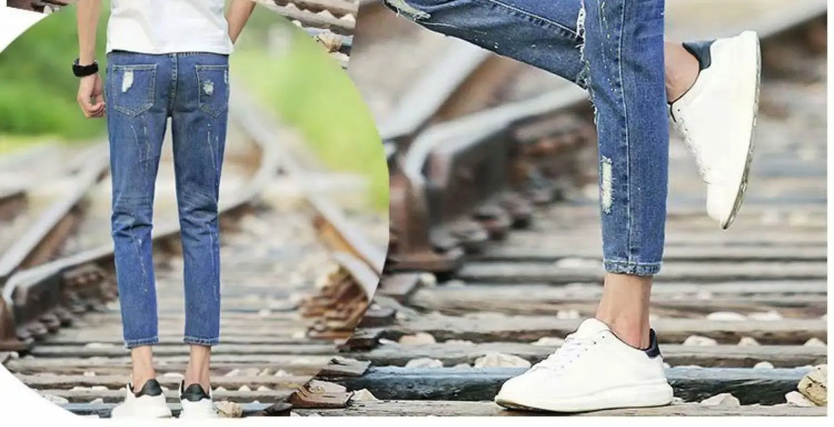 Men's Summer Thin Loose Straight Leg Jeans Casual Nine Point Ankle-Length Torn Elastic Cotton Denim Youth Fashion Wear