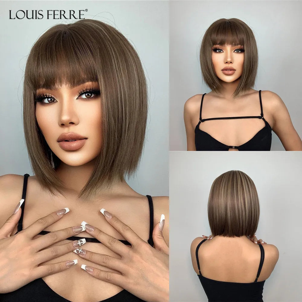 LOUIS FERRE Short Blonde Highlight Brown Bobo Wigs For Women Daily Cosplay Natural Straight Wig High Temperature Synthetic Wigs