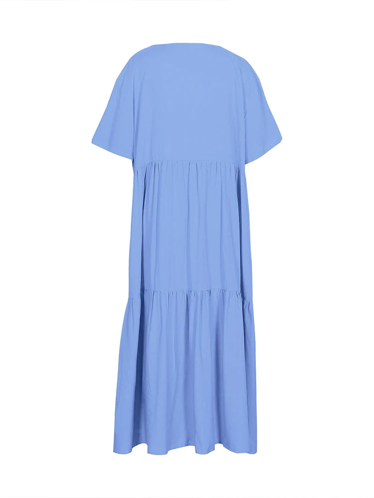 plus Size Women's Casual Loose V-Neck Solid Long Dress Spring Summer Pleated Big Size Women's Dress