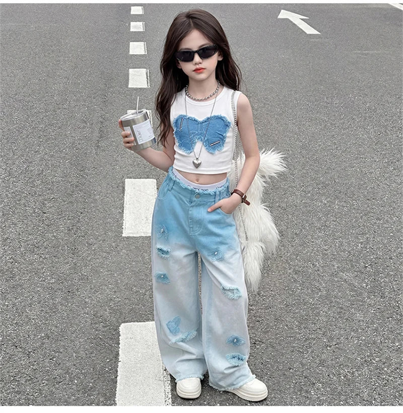 Teenage Girls Clothing Sets Hot Deals Bow Crop Top+Hole Wide Leg Jeans with Butterfly 2Pcs Fashion Gradient Child Clothes Suits