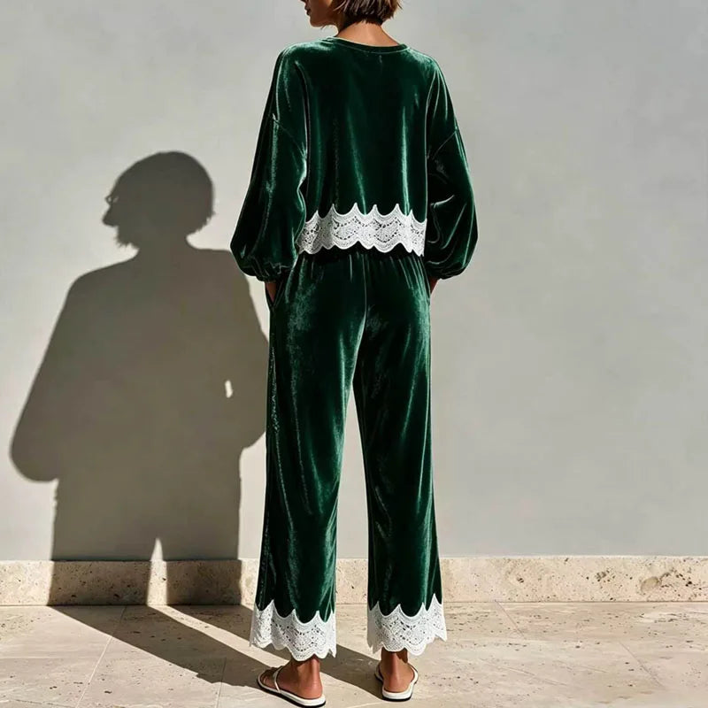 Round Neck Velvet Set Women Balloon Long Sleeve Scallop Lace Hem Top & Wide Leg Pants Suit Elegant Casual Holiday 2 Piece Outfit