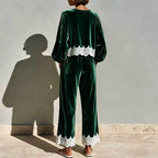 Round Neck Velvet Set Women Balloon Long Sleeve Scallop Lace Hem Top & Wide Leg Pants Suit Elegant Casual Holiday 2 Piece Outfit