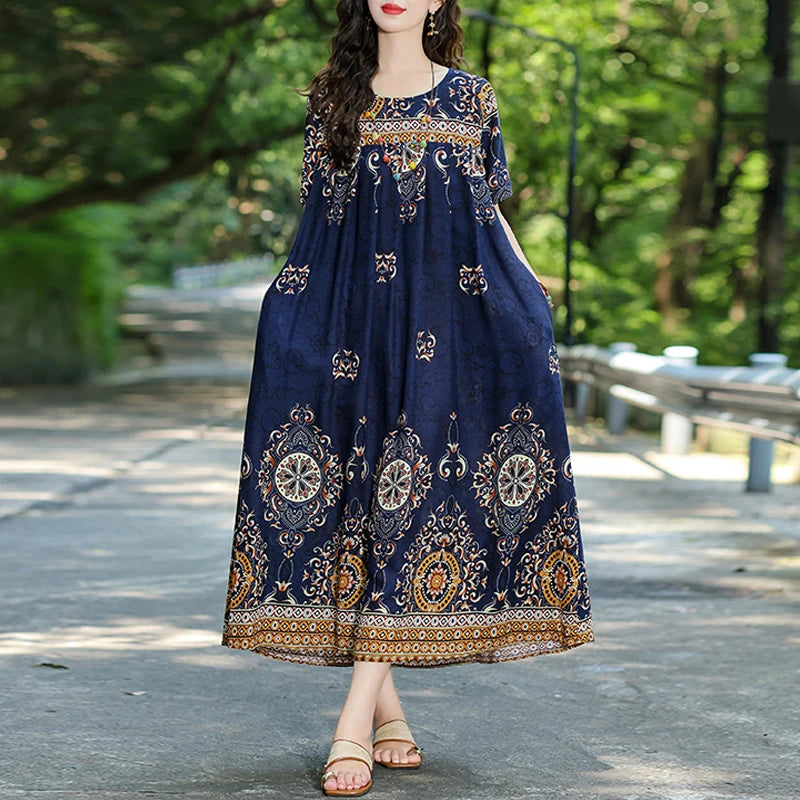 New Fashion Hot Summer Dresses For Women 2025 Casual Flower Print Floral Short Sleeve Dress Vintage Dress Loose Women Clothing
