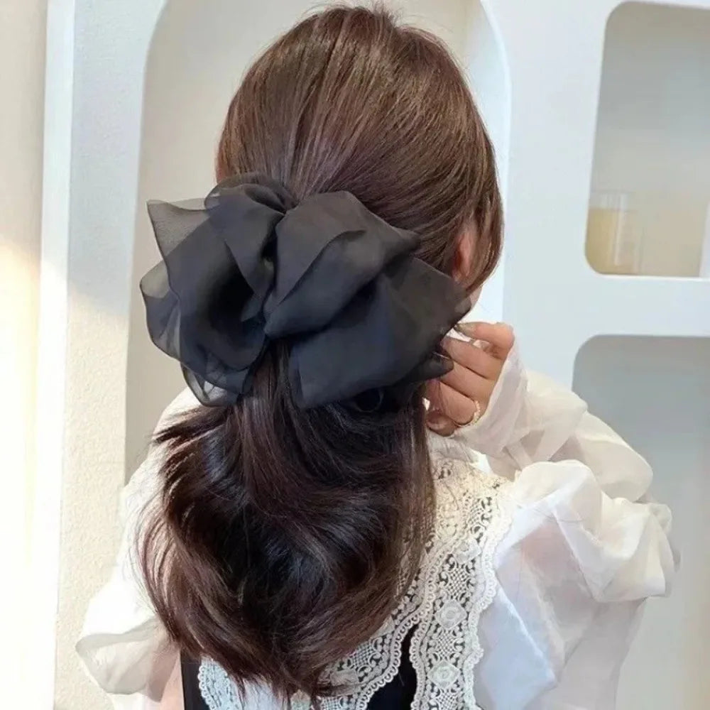 Woman White Black Chiffon Bowknot Hair Clip Super Big Bowknot Barrette for Girls Comfortable Headwear Hair Apparel Accessories
