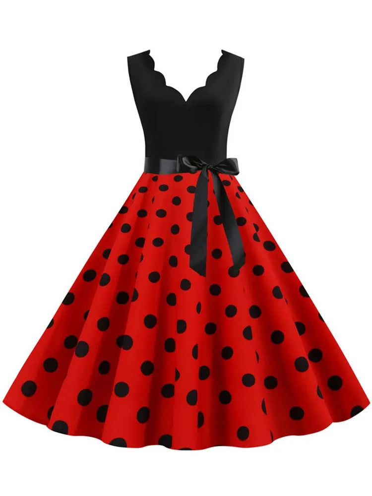 Women Dot Print Dress Summer Sexy V-neck Sleeveless Elegant Vintgae Party Dress Vestidos  S~3XL Robe Femme