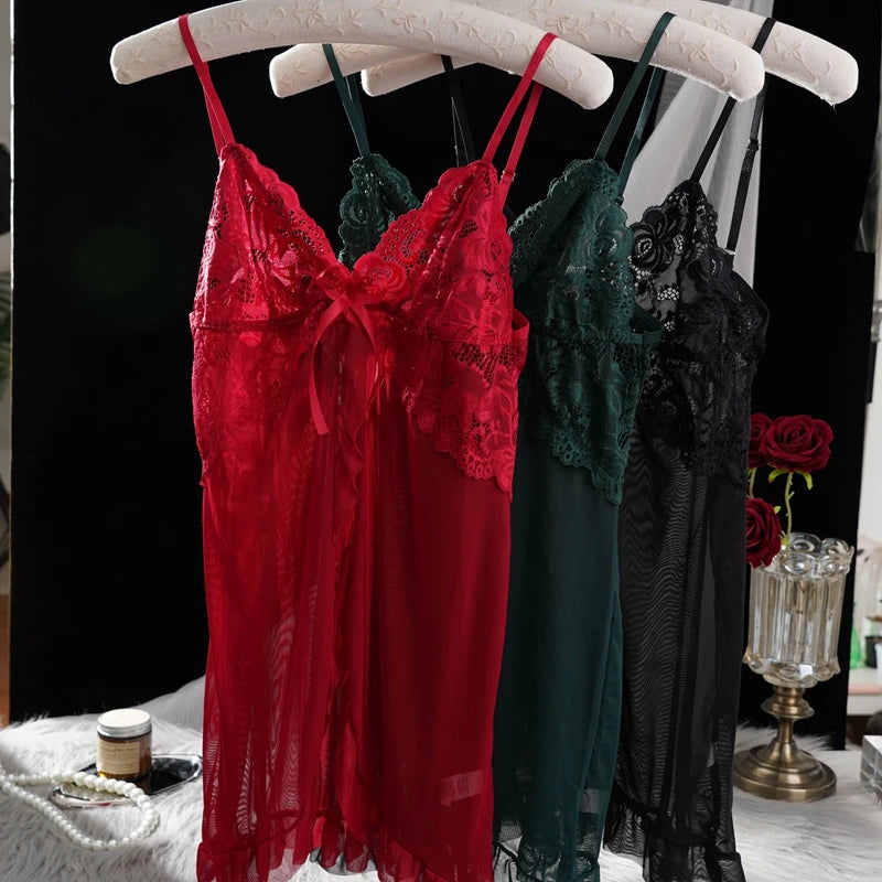 Women Lace Mesh Nightgown Set V Neck Ruffle Hem Slip Dress With Thong Sexy Bow Decor Ladies Sleepwear Lingerie