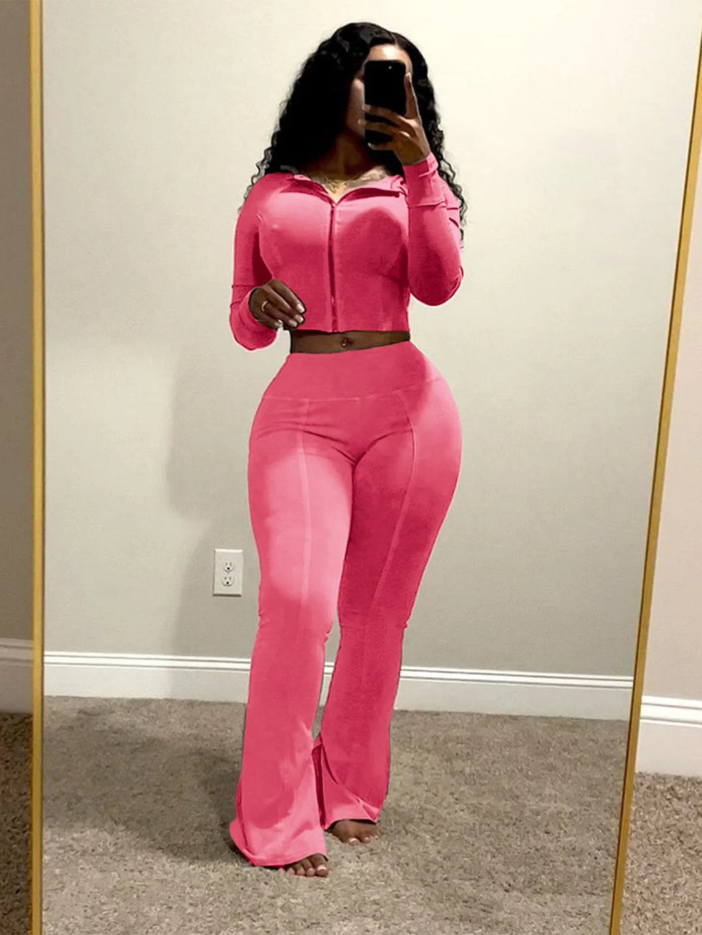 Ensemble 2 Pièces Femme – Veste À Capuche + Pantalon Évasé Taille Haute Sport