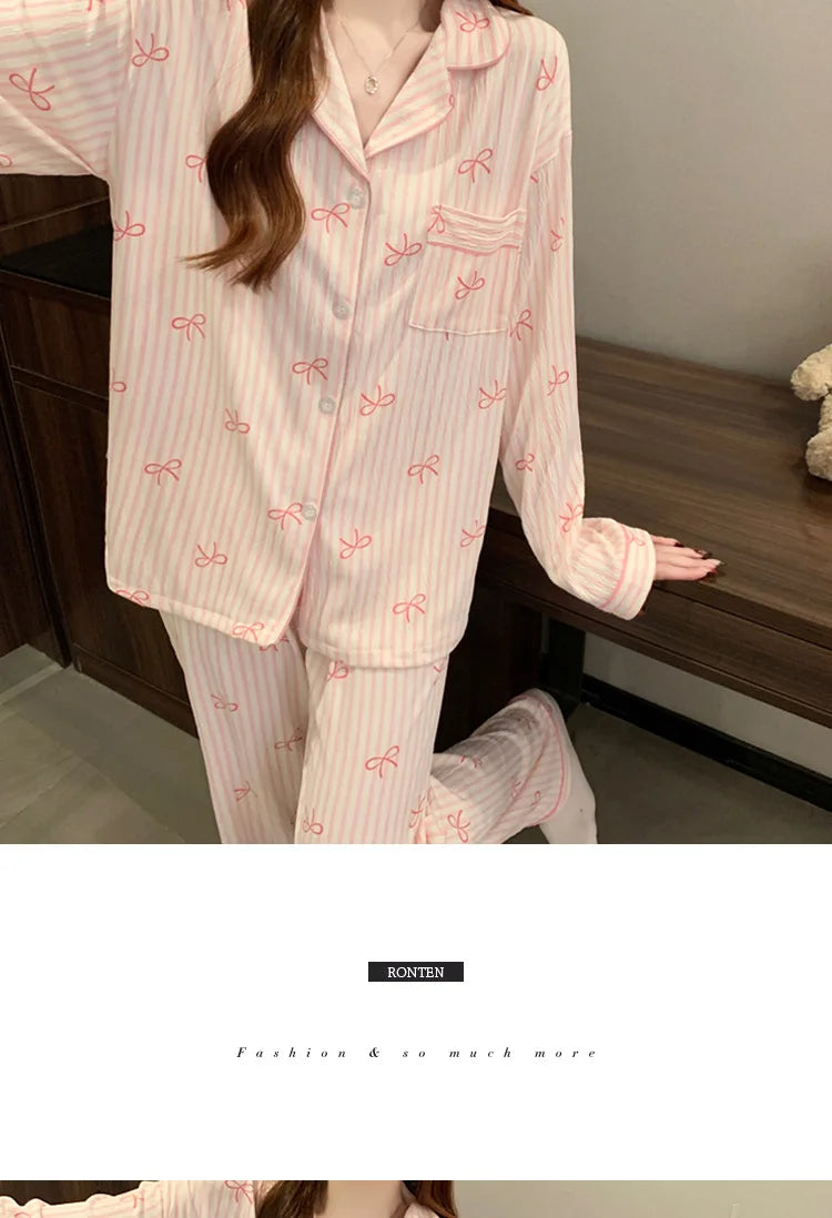 Printemps et automne nouveaux pyjamas pour femmes ensemble de vêtements de détente fille amour Cardigan pyjamas tissu froissé vê