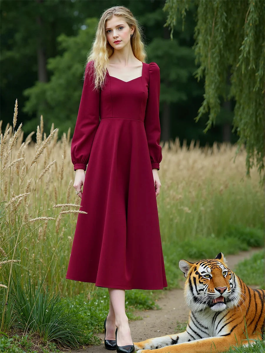 Women'S Dress Autumn Woman Long Sleeve Square Collar Elegant Beautiful Feminine Pretty Sweet Lovely Cute Fancy Exquisite Simple