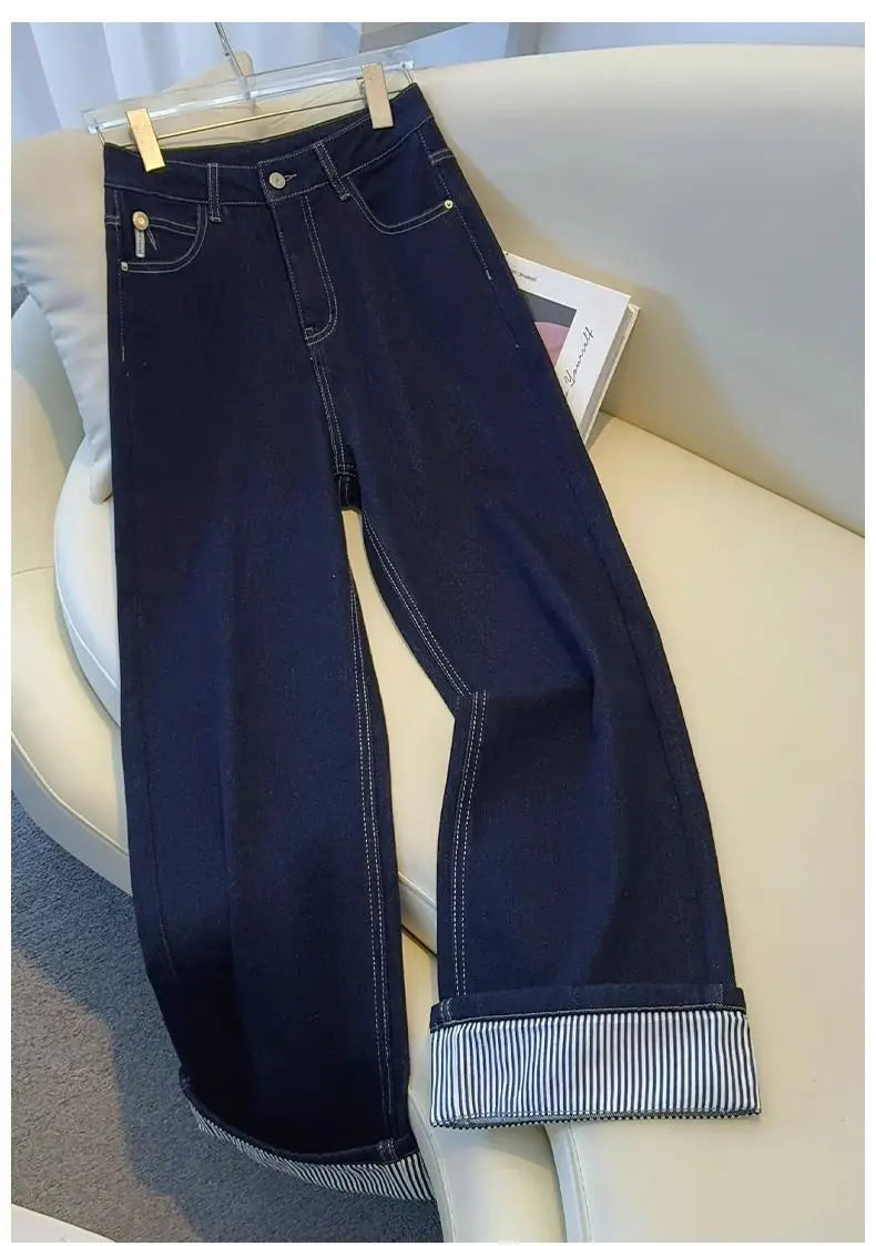 Jean femme wide leg délavé – Revers rayé streetwear