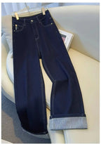 Jean large femme bleu foncé – Revers rayés