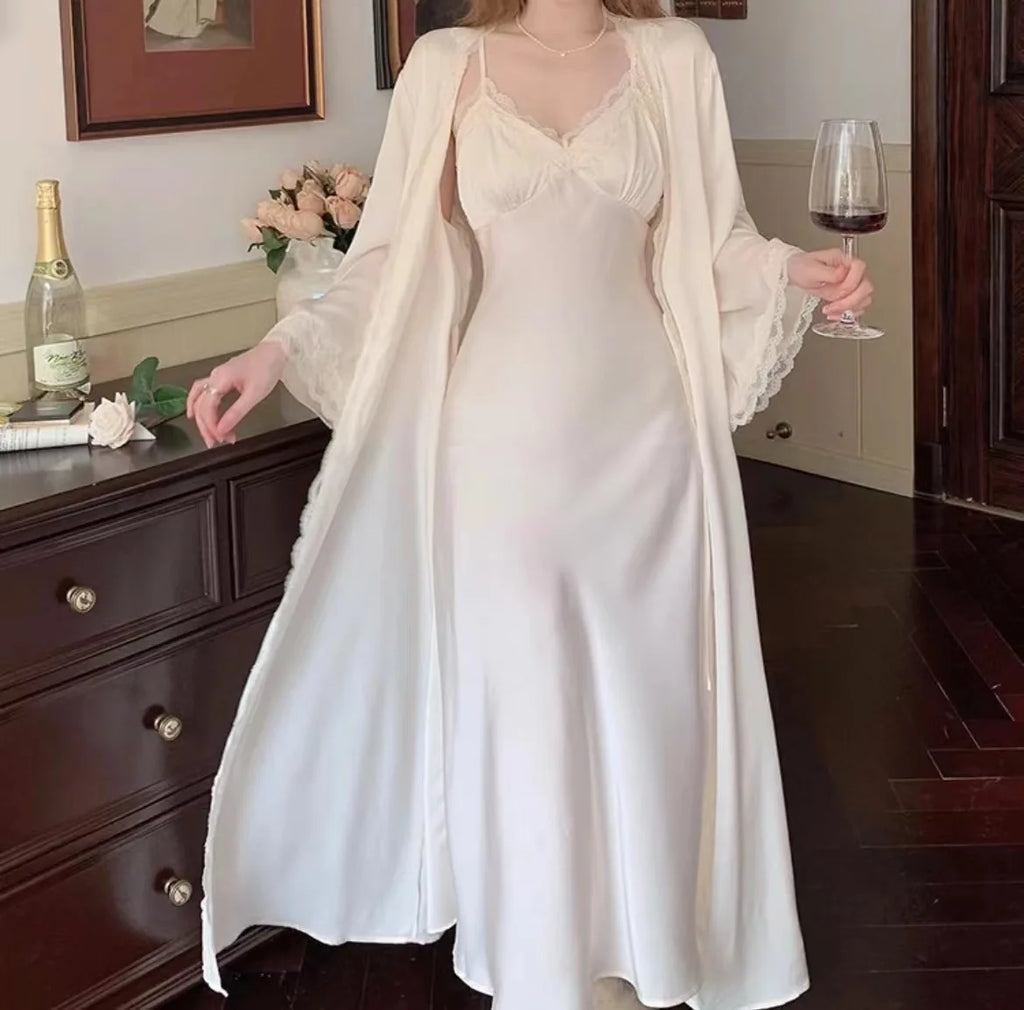 Princess Style Robe Set 2Pcs Vestidos De Novia Nightgown Sexy Lace Patchwork Nightdress Chemise Sleepwear Long Home Dress