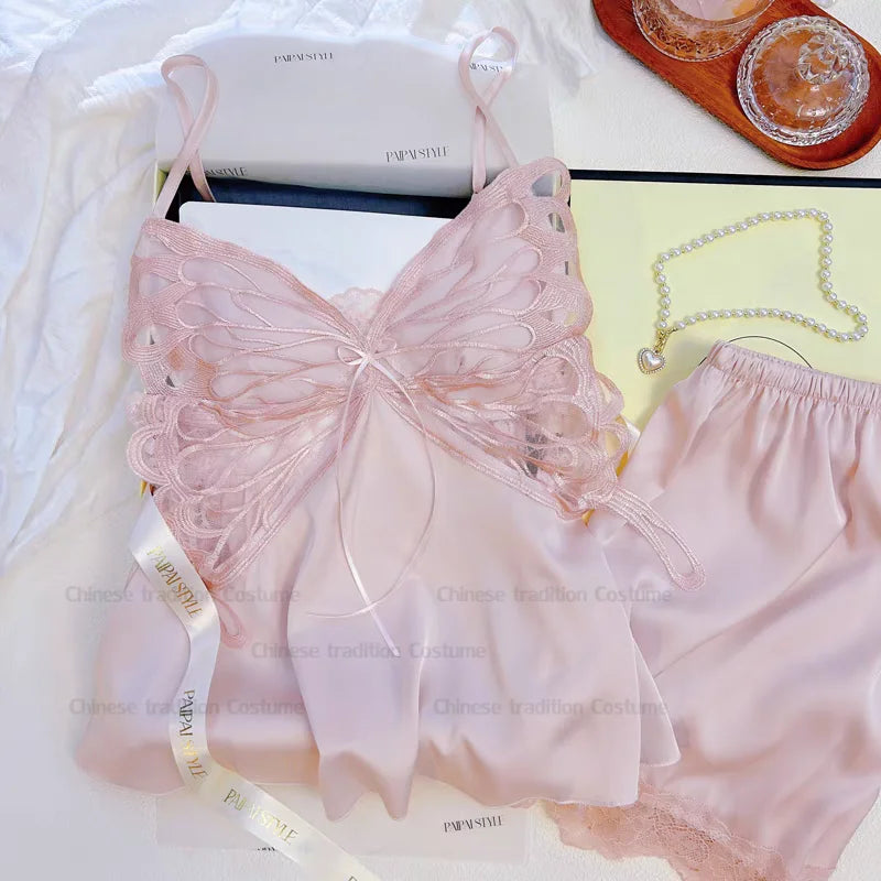 Pink Lingerie Sleeveless Top&shorts Women's Satin Sleepwear Sexy Butterfly Lace Nightwear 2Pcs Pajamas Suit Lady Summer New