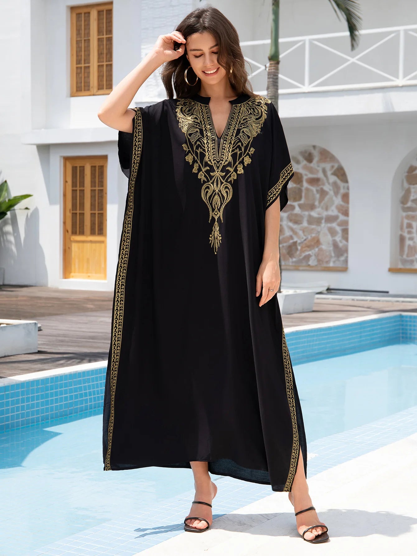 Boho Dress Women's Fashion Cotton Embroidered Beach Sun Protection Dresses For Women Loose Robe Bikini Swimsuit Outer Blouse